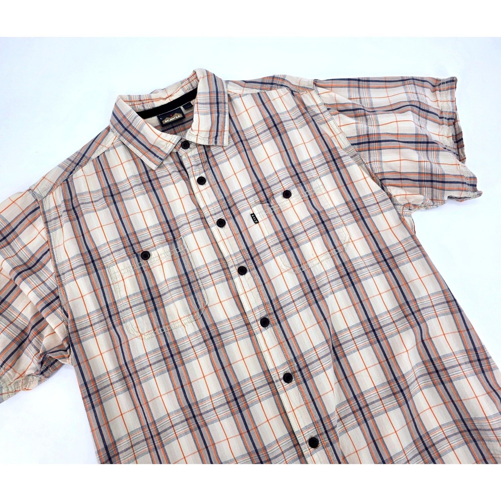 Kavu Mens Large Short Sleeve Plaid Button Down Cotton Hiking Shirt Tan‎ Orange